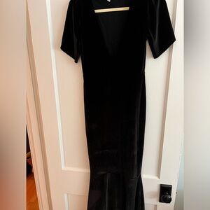 Black Velvet plunge V mermaid flutter sleeve maxi dress